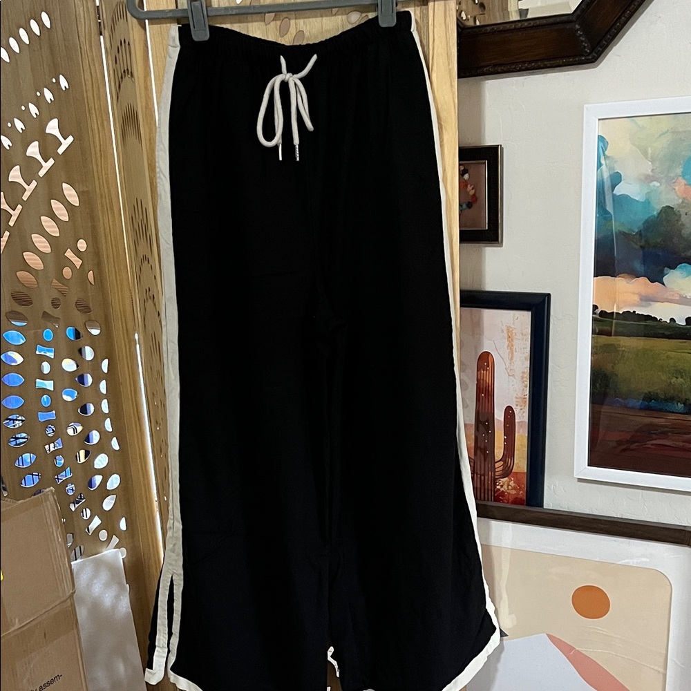 Wide Leg Black Pants with off-White Trim